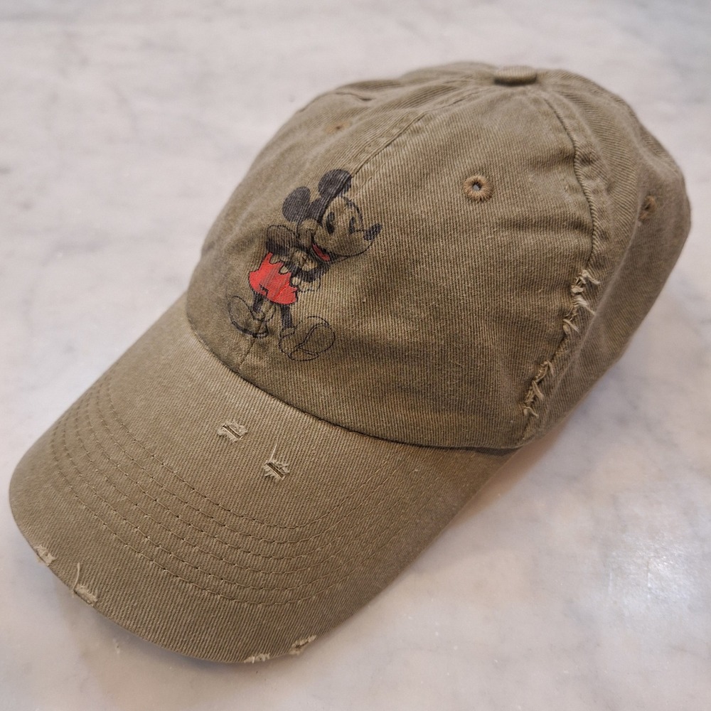 Disney Mickey Mouse Baseball Cap Adult OSFM Olive Green Distressed Dad Hat